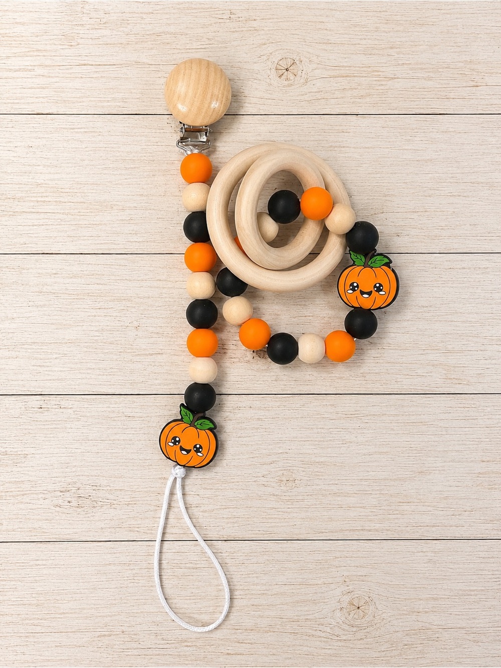 Halloween Pumpkin Wooden Teether & Pacifier Clip - Orange, Black, Natural